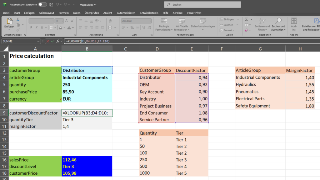 Example Pricing Model Maintained in Excel